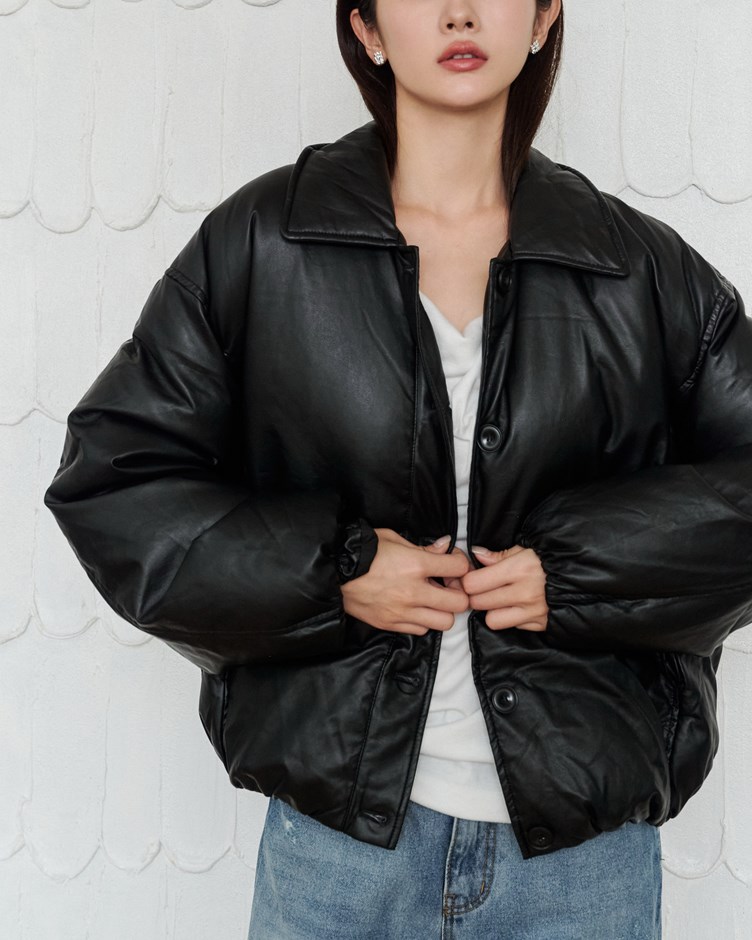 皮革澎澎羽絨外套(100%鴨絨)