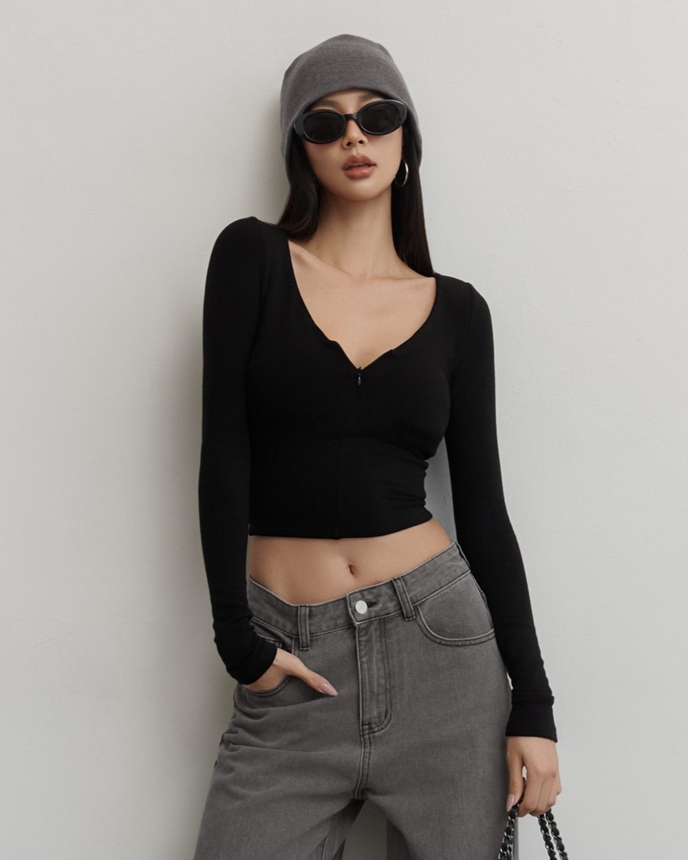 V領拉鍊棉質長袖BRATOP