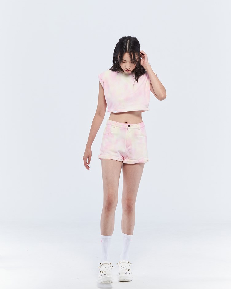 女短版全棉套裝上衣 手工紮染