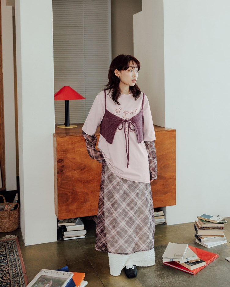 透肌感格紋罩衫洋裝