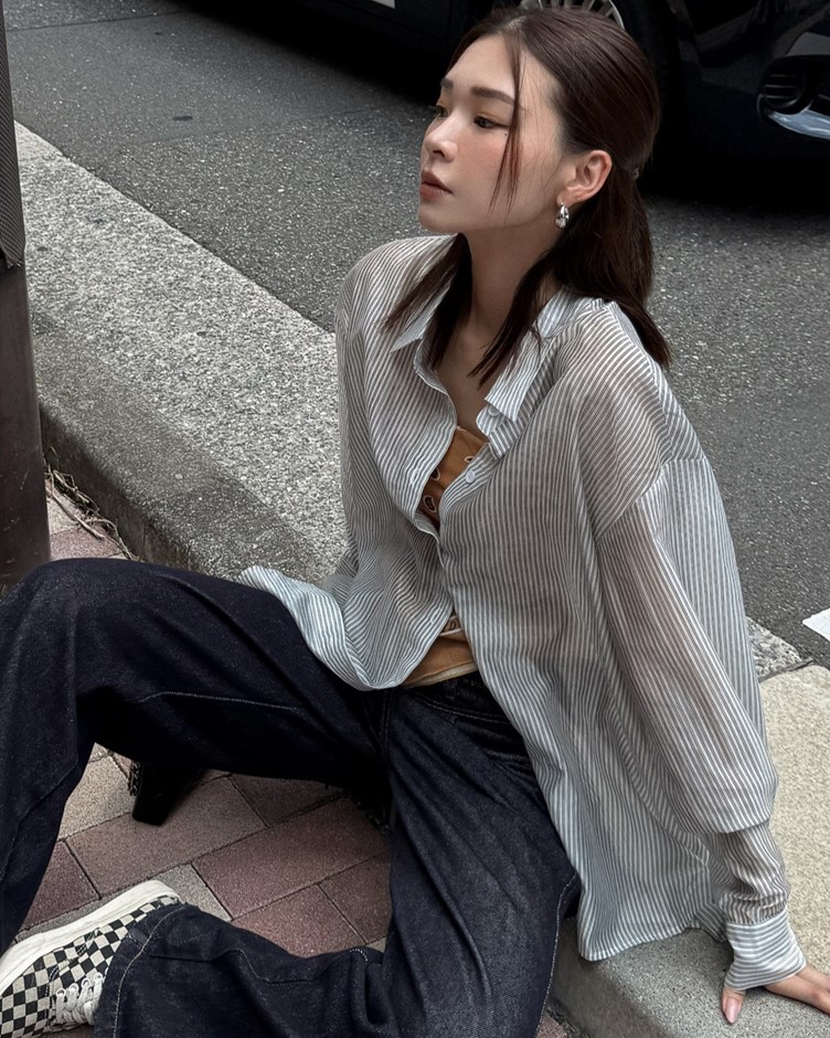 透肌感條紋寬鬆襯衫