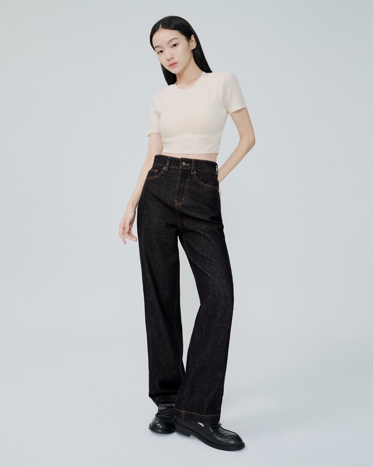 修身高腰直筒丹寧褲（收肉丹寧褲）