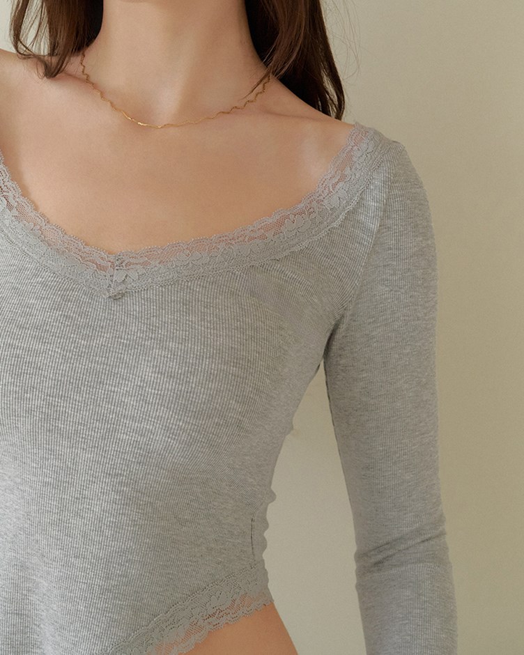 蕾絲V領長袖上衣