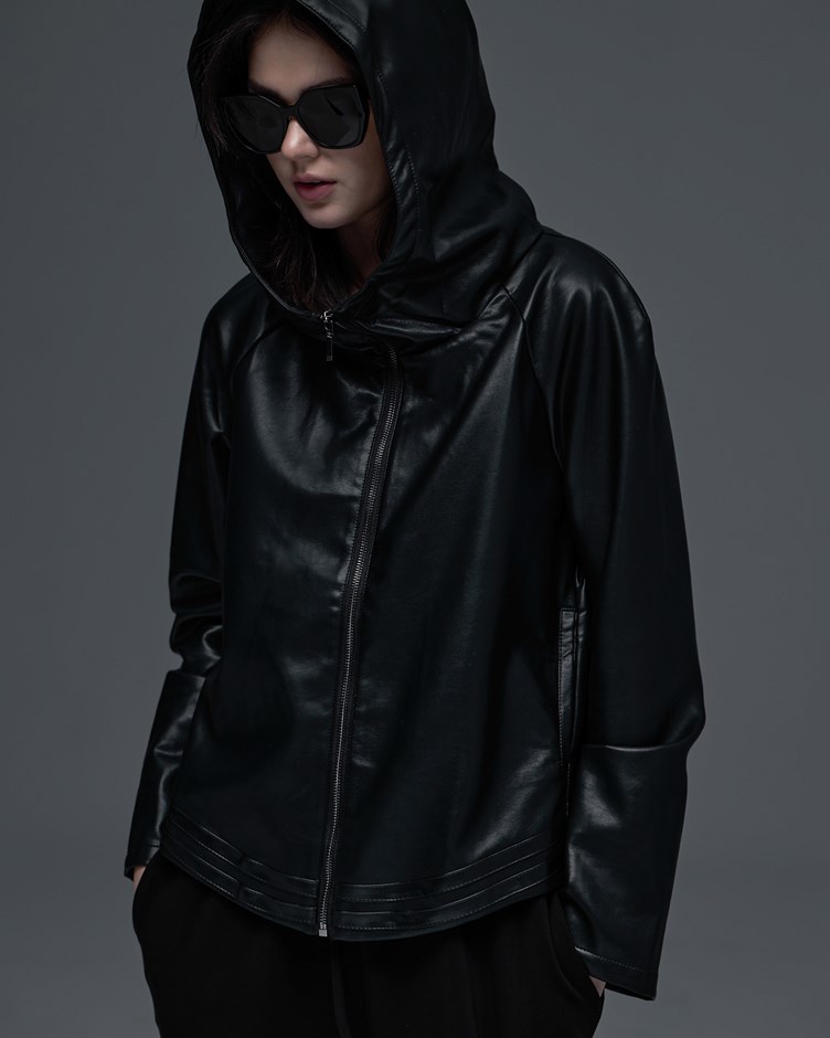 都會俐落連帽皮革外套