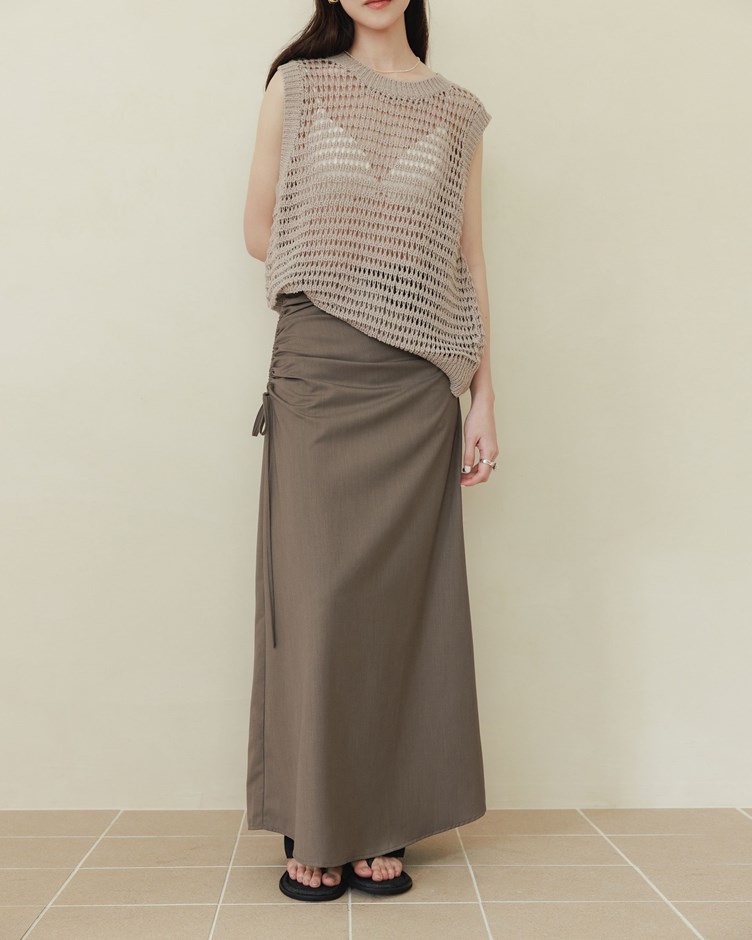 側抽皺綁繩長裙