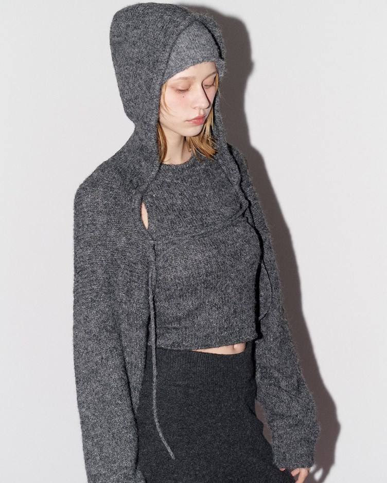 磨毛感抽繩連帽針織外套(外套+背心)