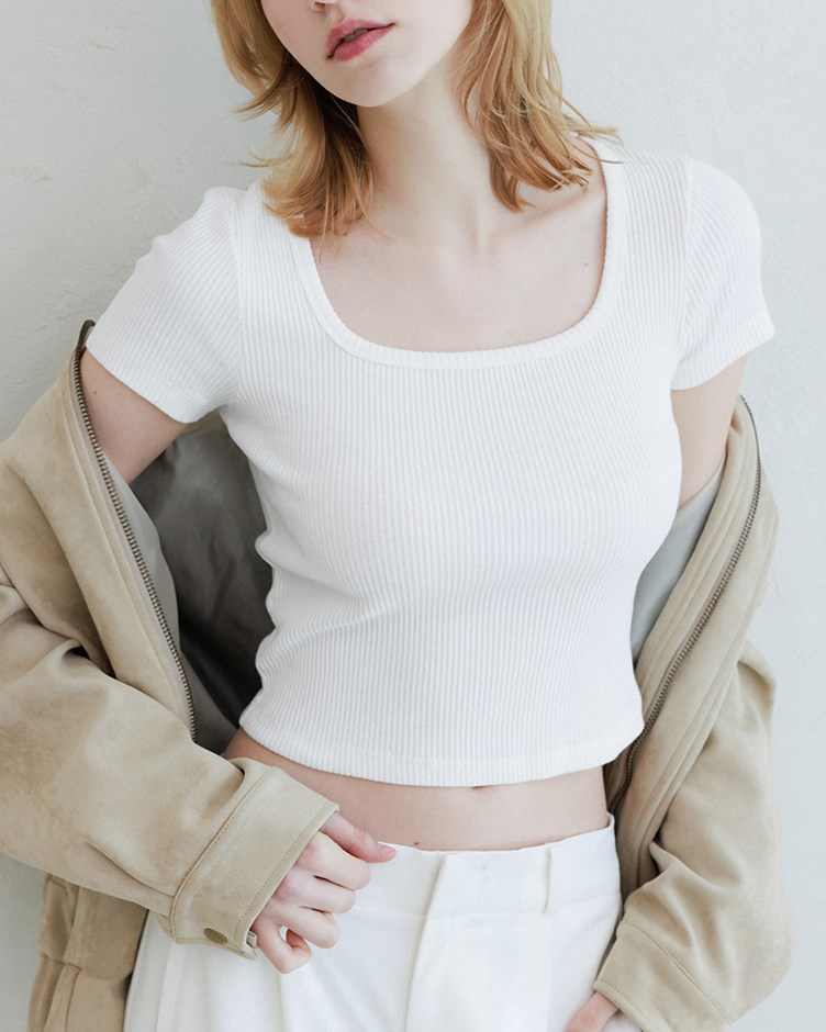 粗坑條紋方領短袖上衣