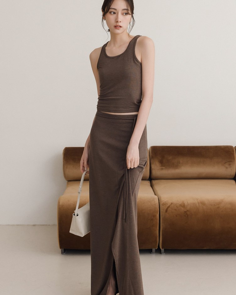 質感柔棉綁帶開岔長裙