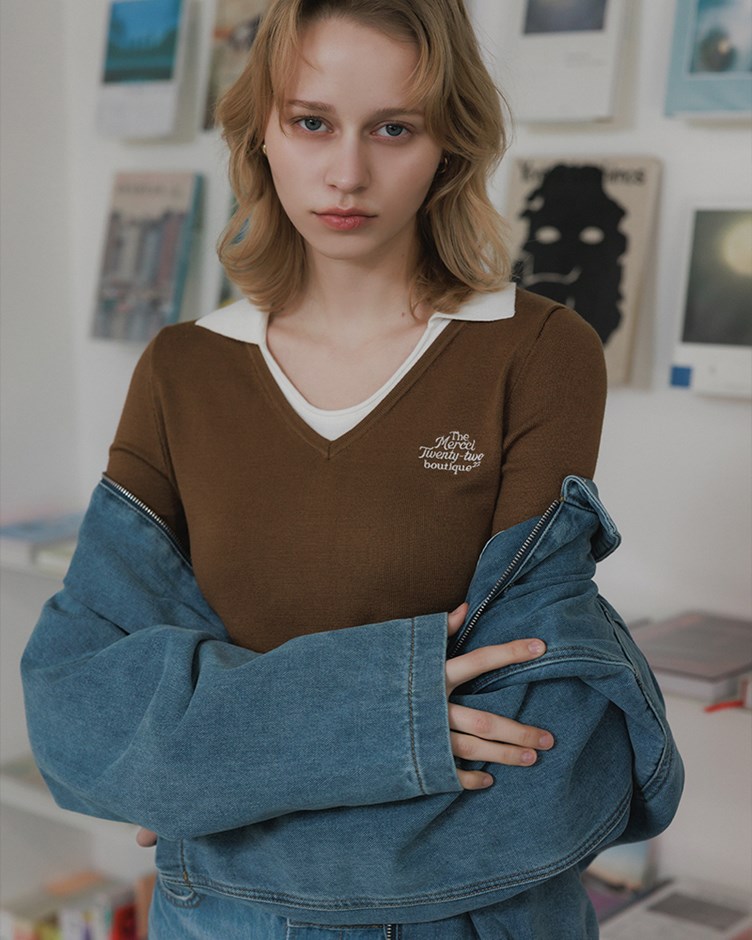 假兩件式領片V領針織上衣(22)