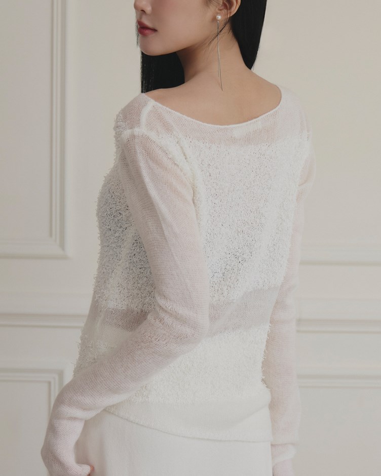 毛毛感拼接斜肩針織上衣