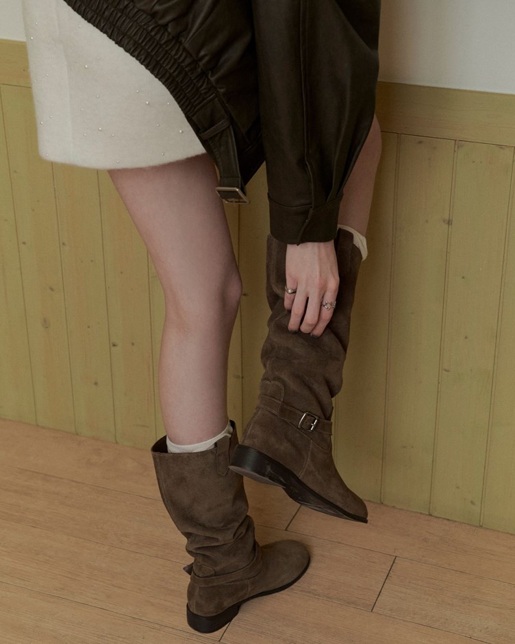 率性麂皮鐵釦長筒靴