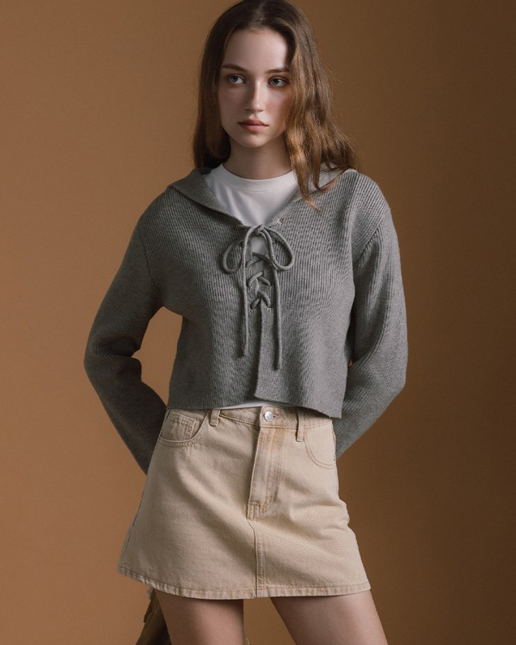 前綁繩連帽針織上衣