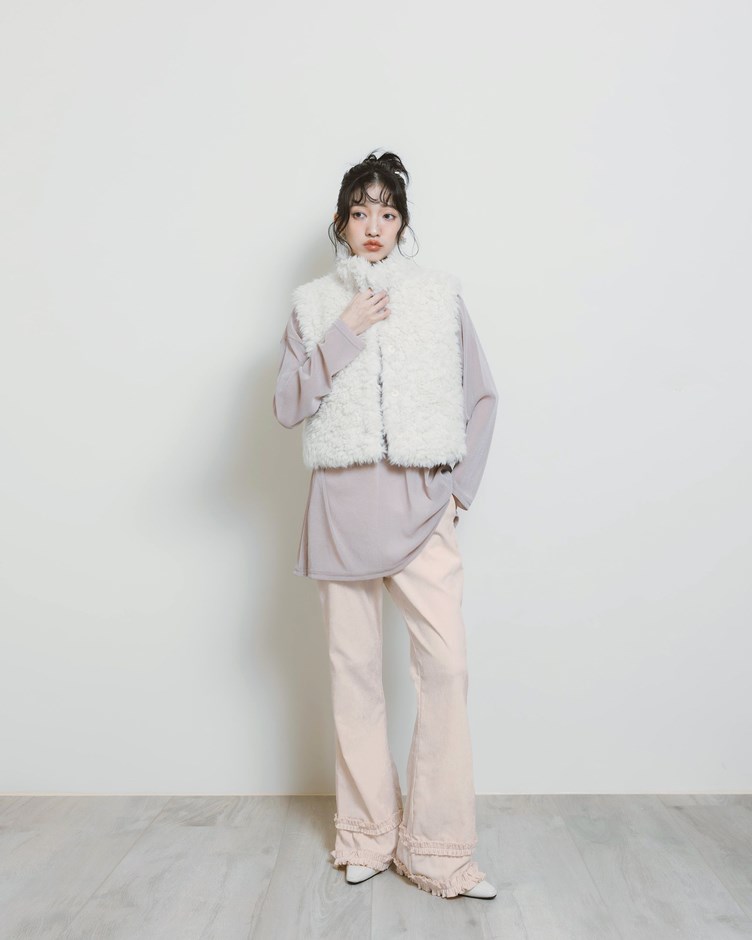 絨面荷葉拼接修身喇叭褲