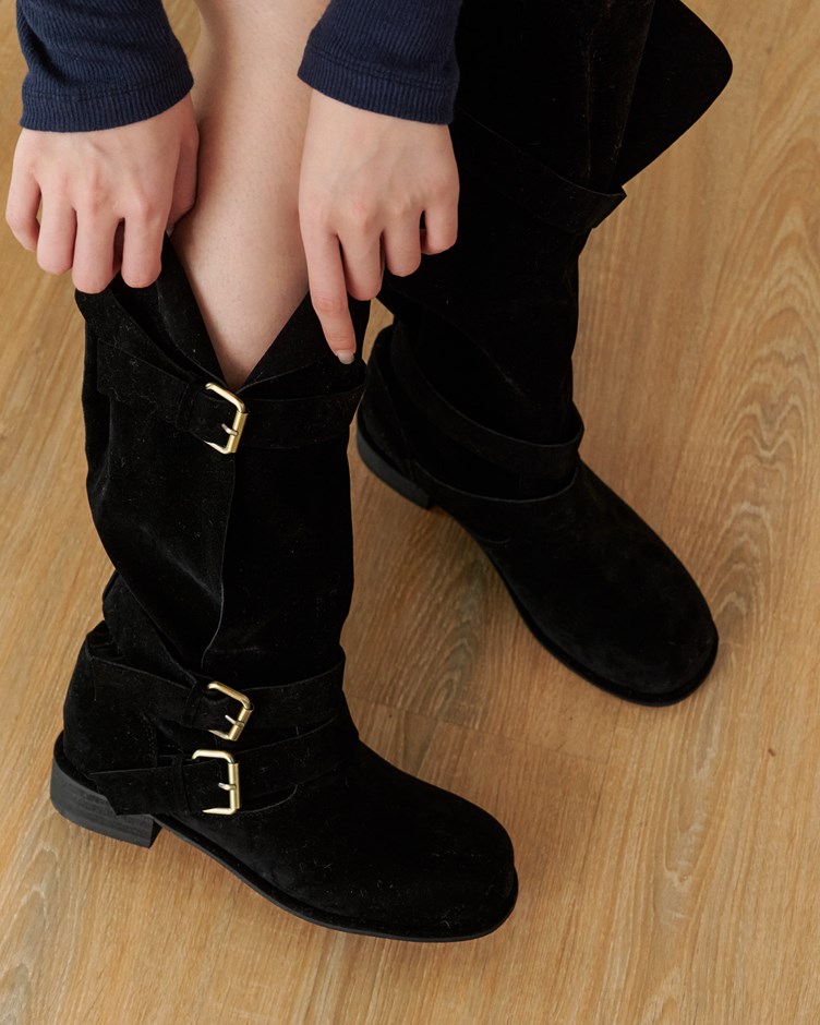 麂皮雙扣環長筒靴(版型正常)