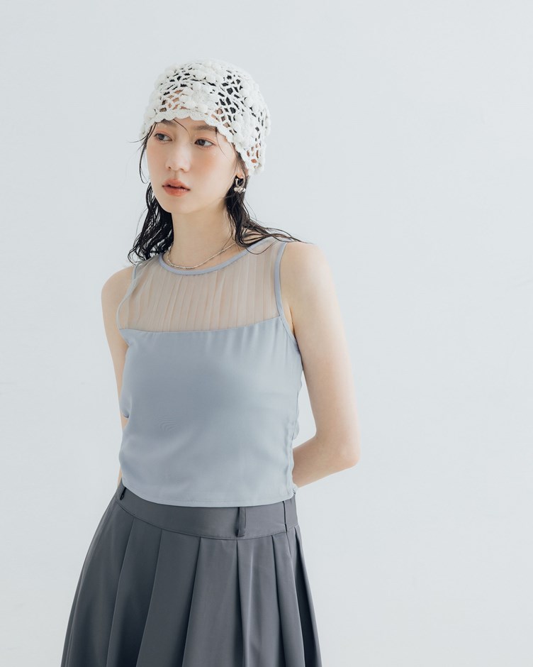 簡約壓摺網紗拼接背心