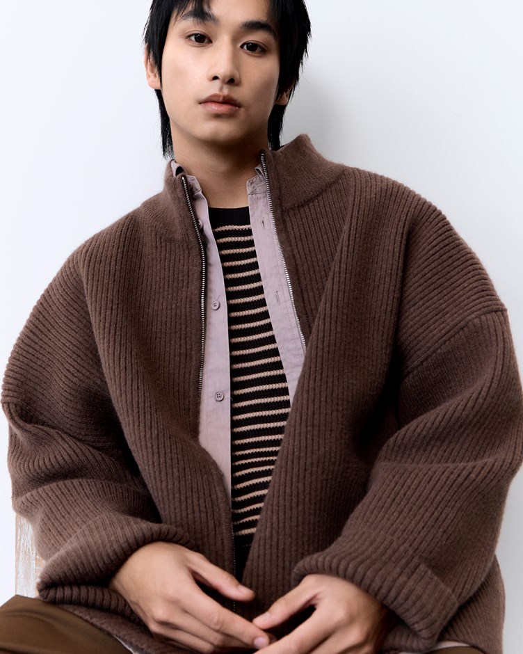 粗紋立領針織外套