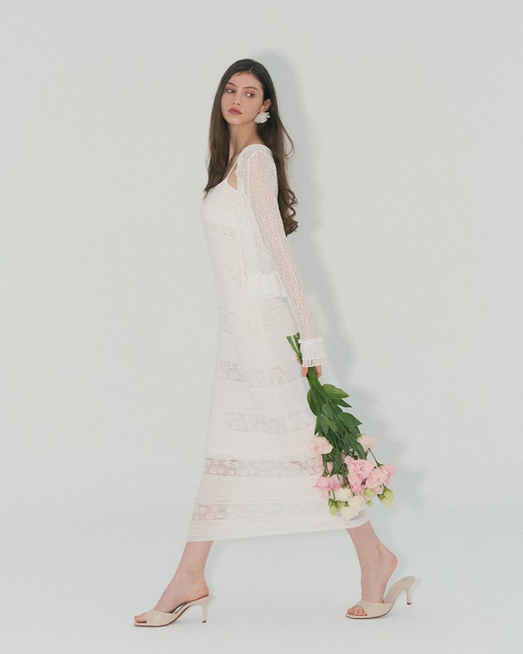 彈力蕾絲細肩帶長洋裝