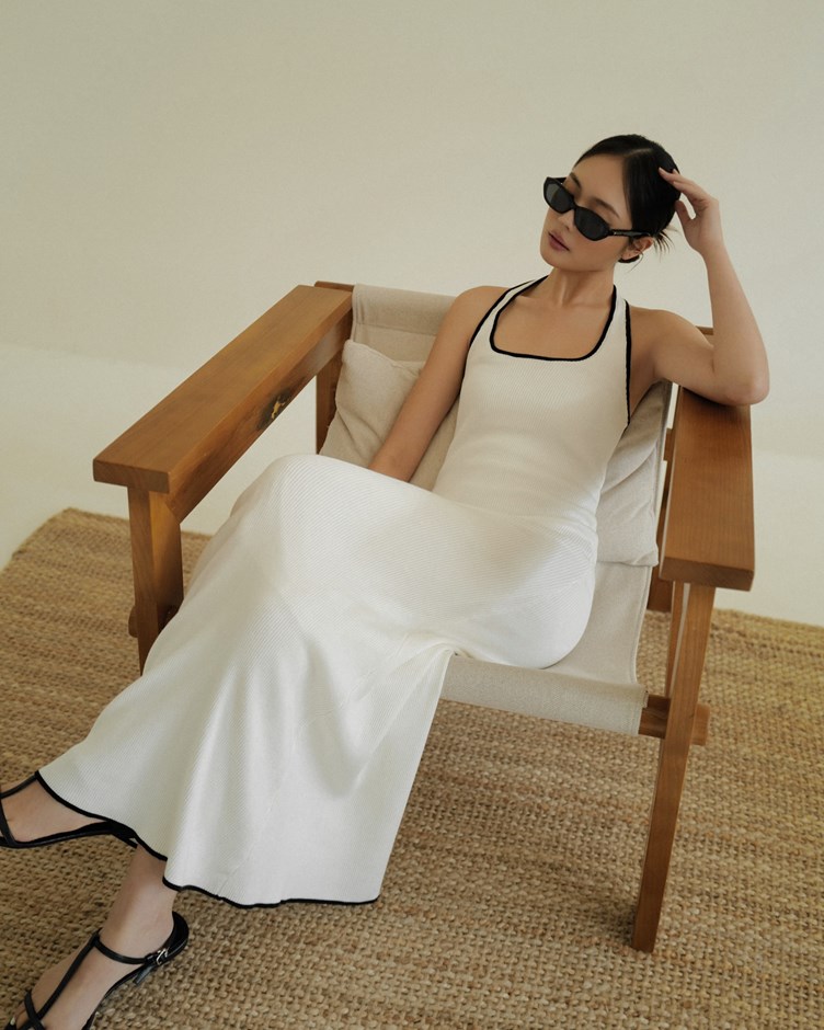 冰感坑條撞色針織長洋裝