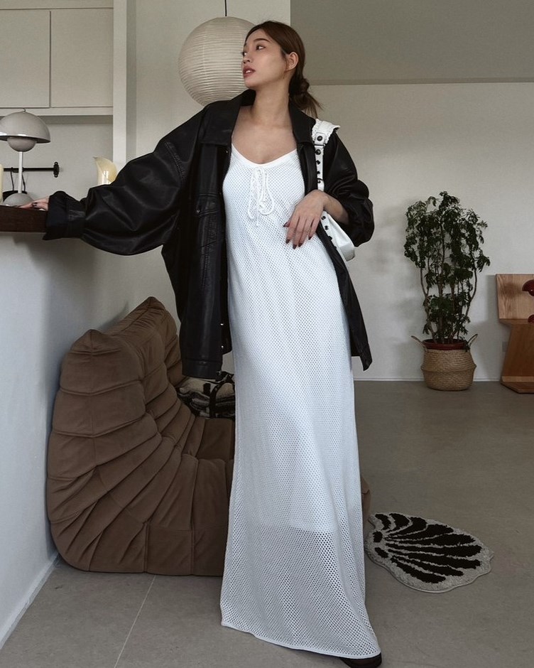 細肩簍空洞洞針織長洋裝