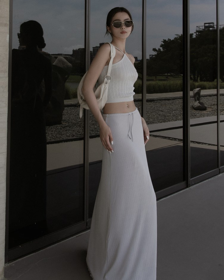 涼感微光褶捲捲邊長裙