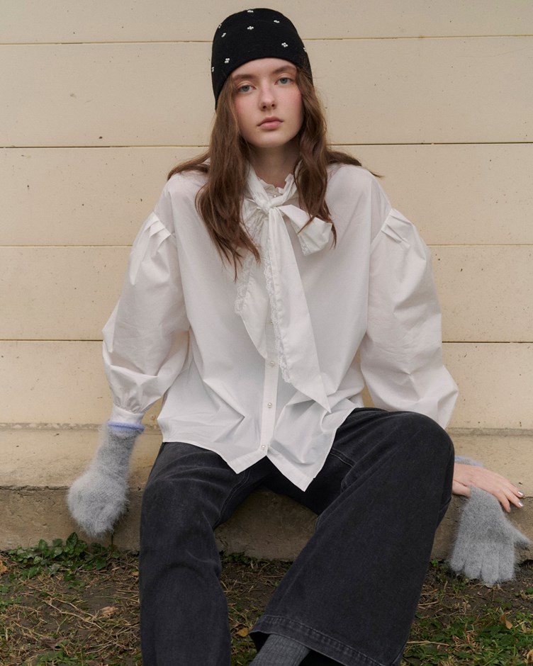 荷葉珍珠釦澎澎袖襯衫(附綁帶)