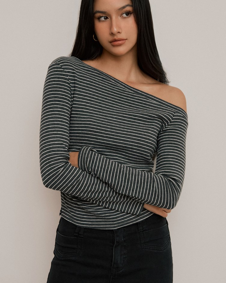 絨感條紋斜肩長袖上衣