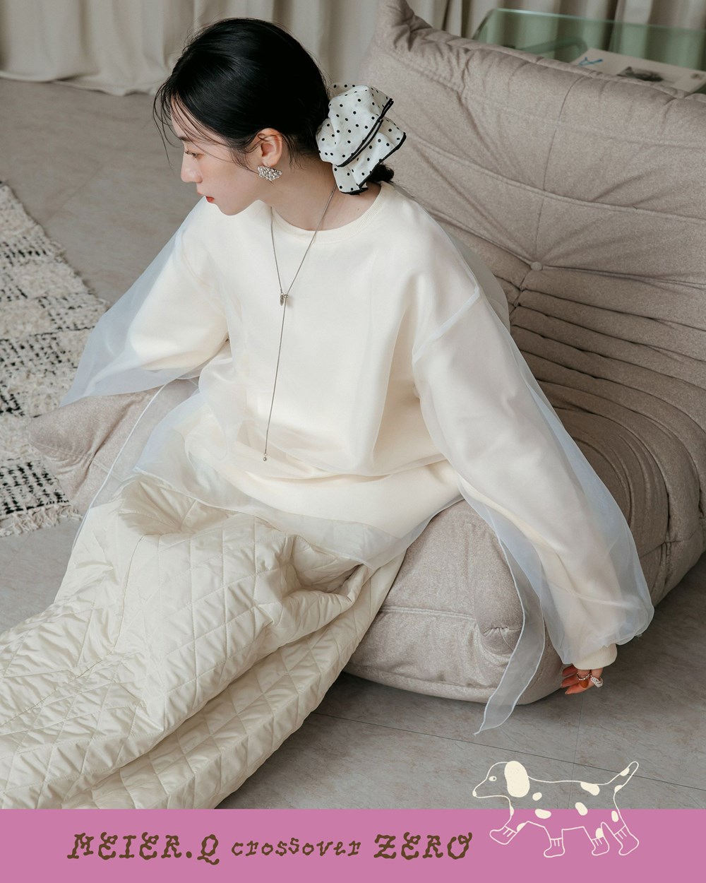 zero-寶石拼紗圓領長袖上衣(附綁帶)