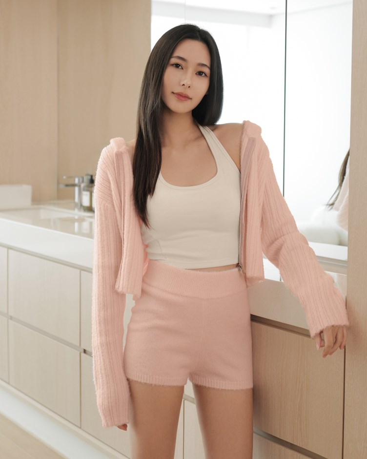 坑條針織連帽外套