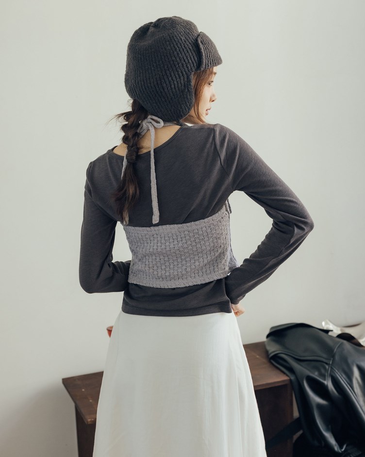 針織繞脖背心長袖上衣 (兩件式)