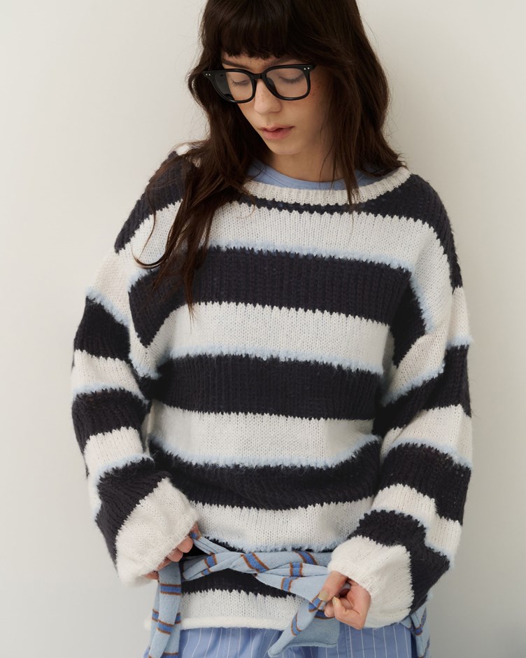 拼紗條紋針織寬鬆毛衣