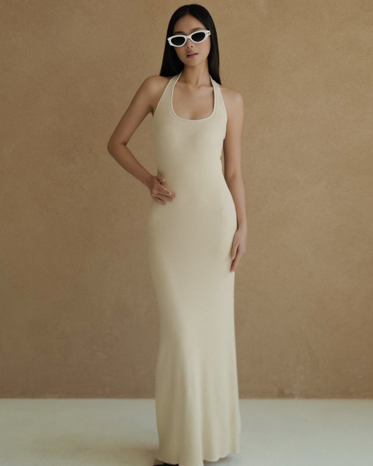 冰感坑條撞色針織長洋裝