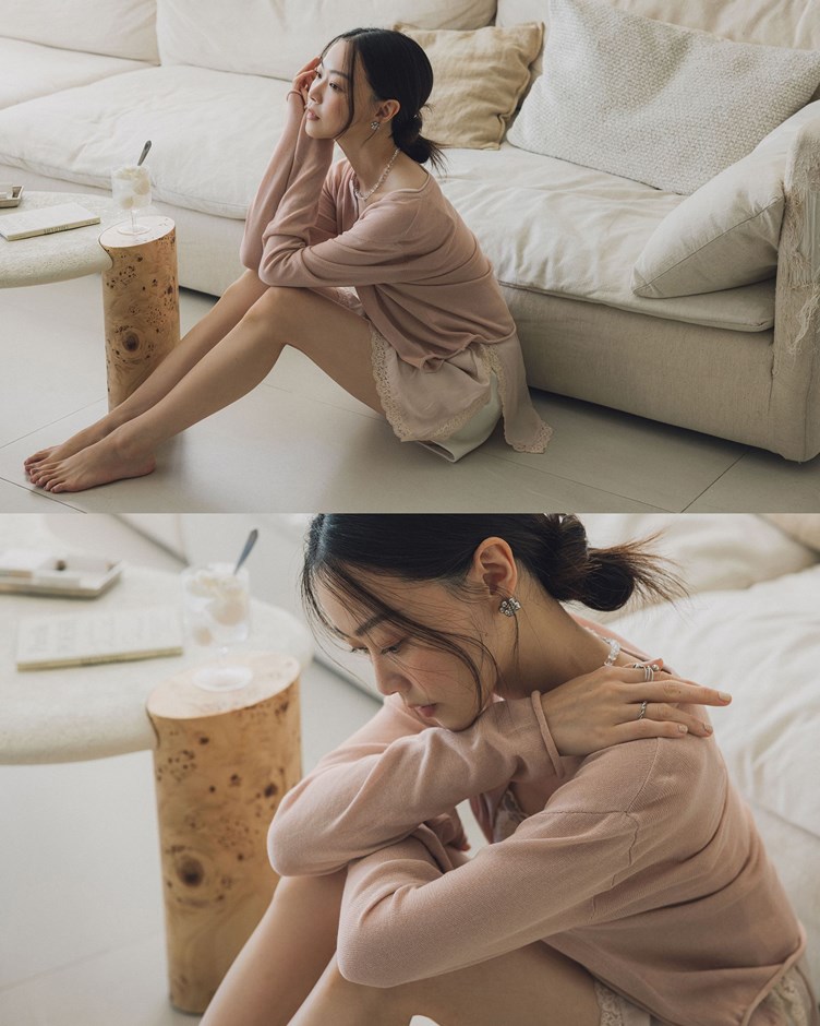 輕薄捲邊透感針織上衣