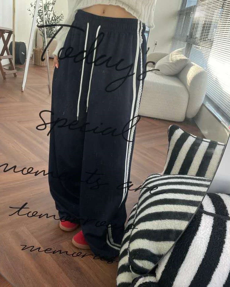 蕾絲側線抽繩寬褲