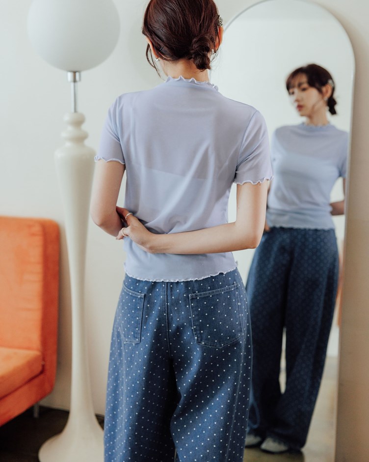 透膚配色小捲邊短袖上衣