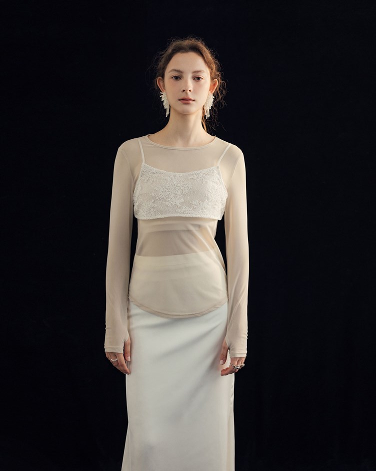 透膚圓領紗感套指長袖上衣