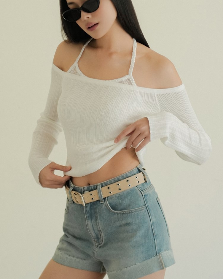 蕾絲繞脖兩件式針織上衣