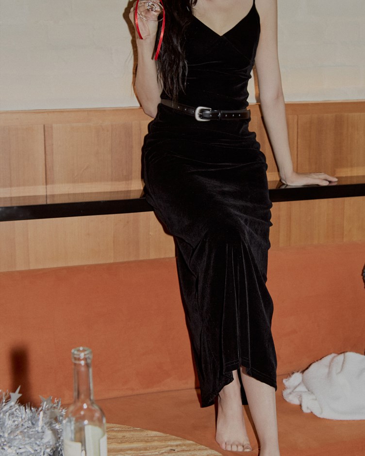 植絨網紗細肩長洋裝