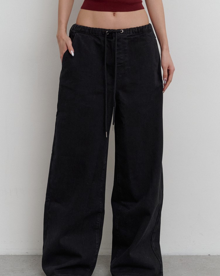 mi厚磅抽繩牛仔寬褲