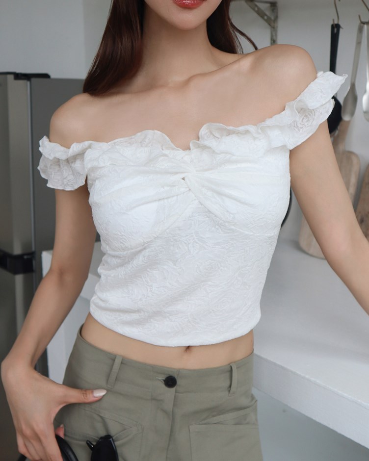 精緻蕾絲荷葉一字領BRA TOP上衣