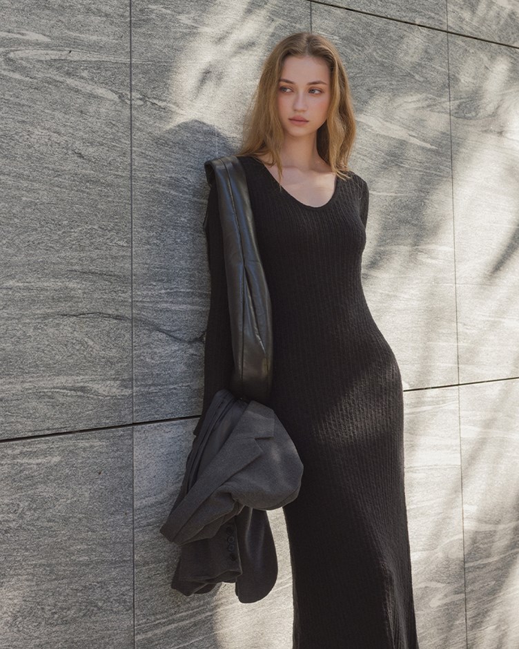 混色織紋大圓領長洋裝