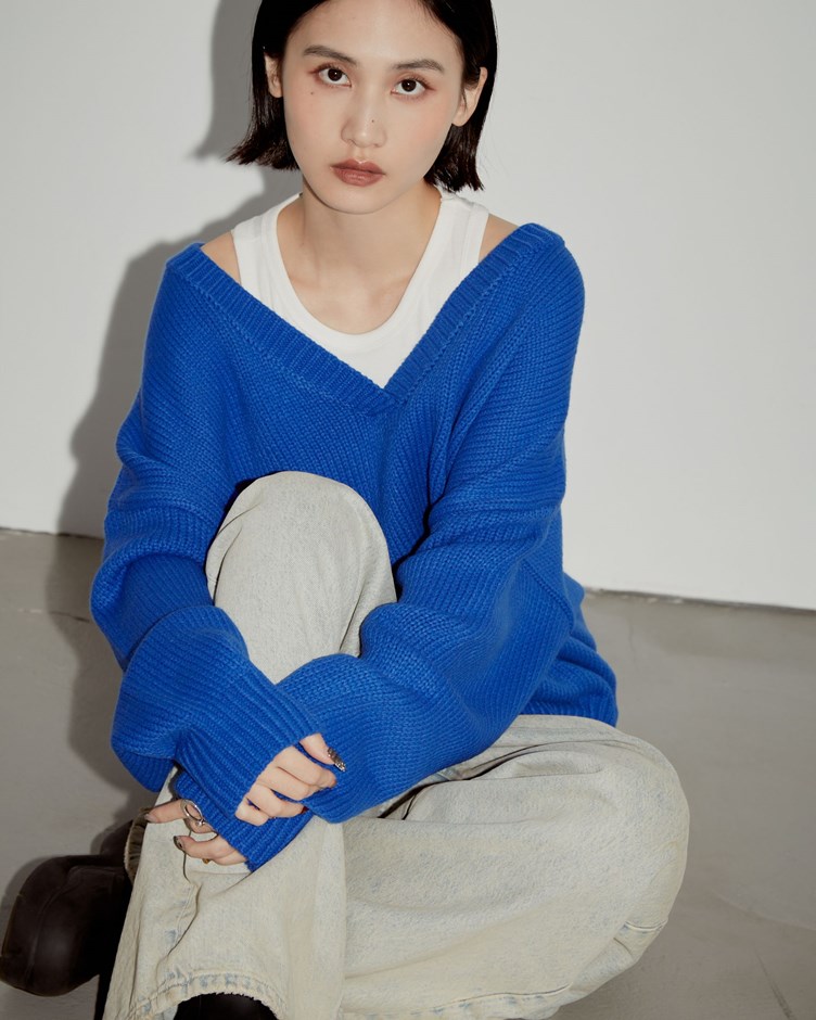 V領粗織寬鬆針織上衣