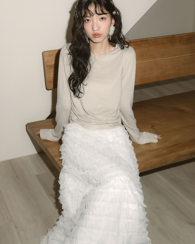 銀蔥側抓皺袖壓釦上衣