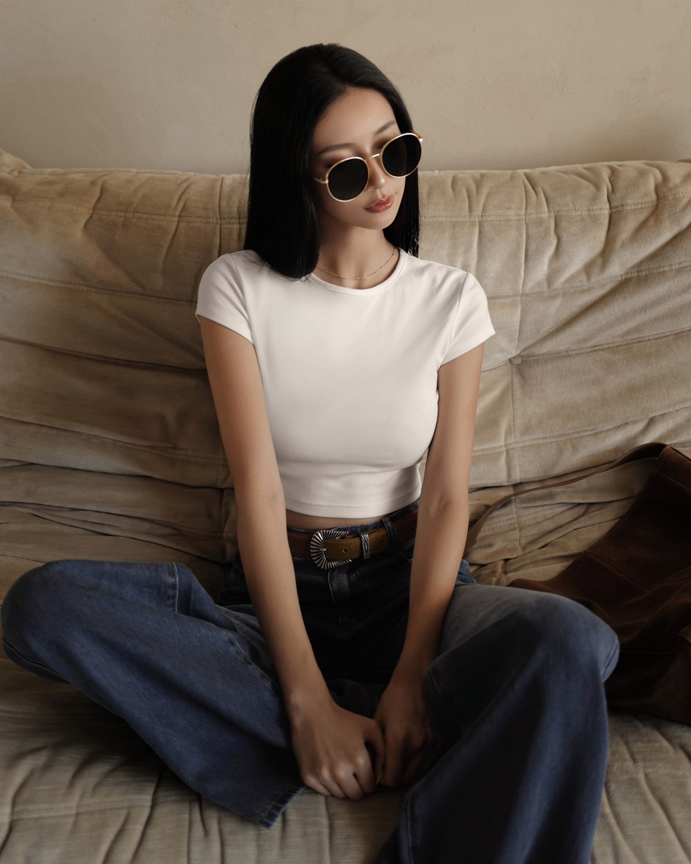 圓領彈力包袖短版TEE