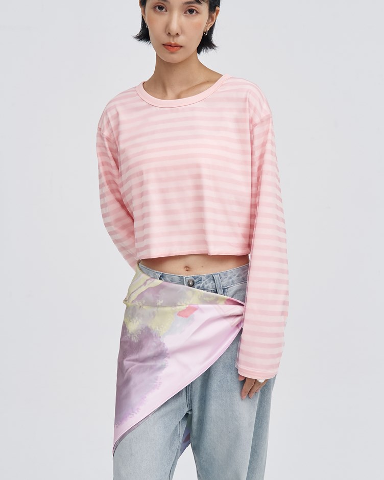 條紋網紗雙層短版上衣