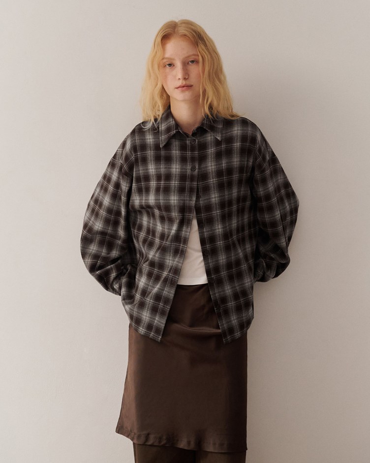 磨毛感寬鬆格紋襯衫