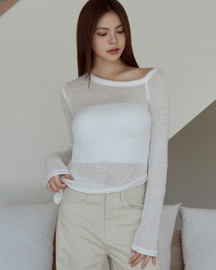 微透膚斜肩針織上衣