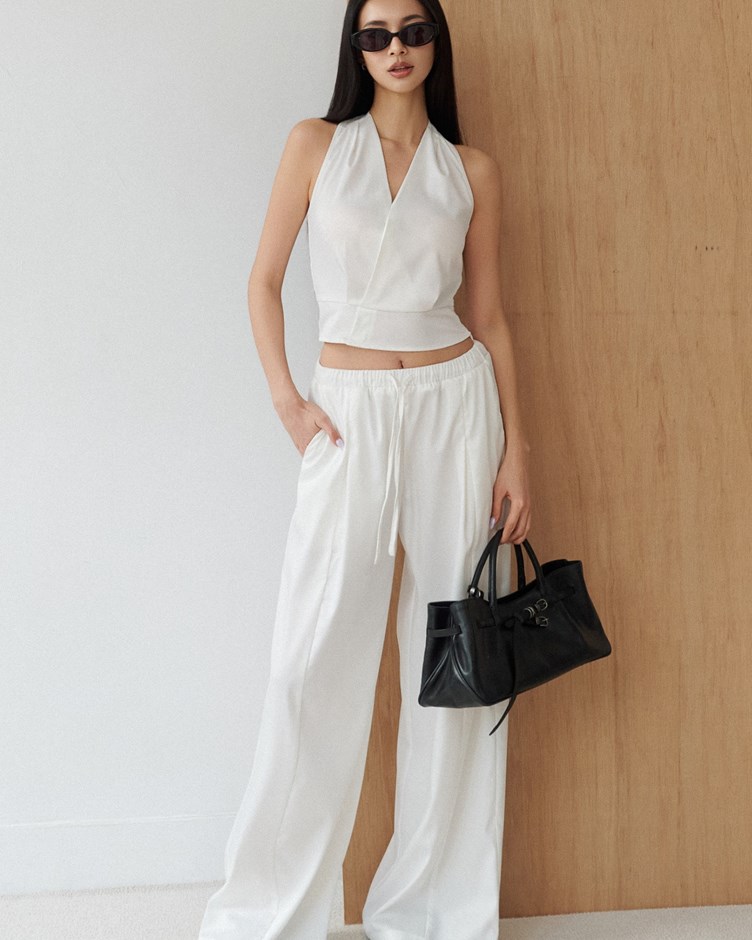 緞光抗皺打摺抽繩長褲