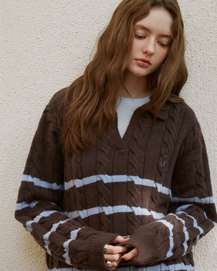 麻花條紋LOGO翻領開襟針織上衣