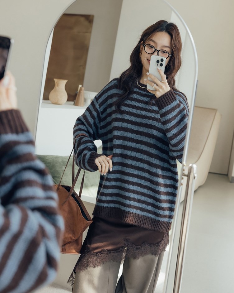 糖果條紋馬海毛針織上衣