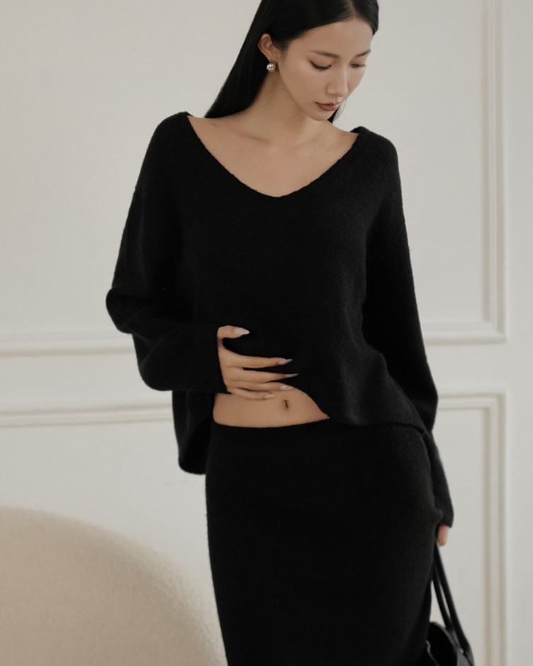 絨毛感V領寬鬆針織長袖